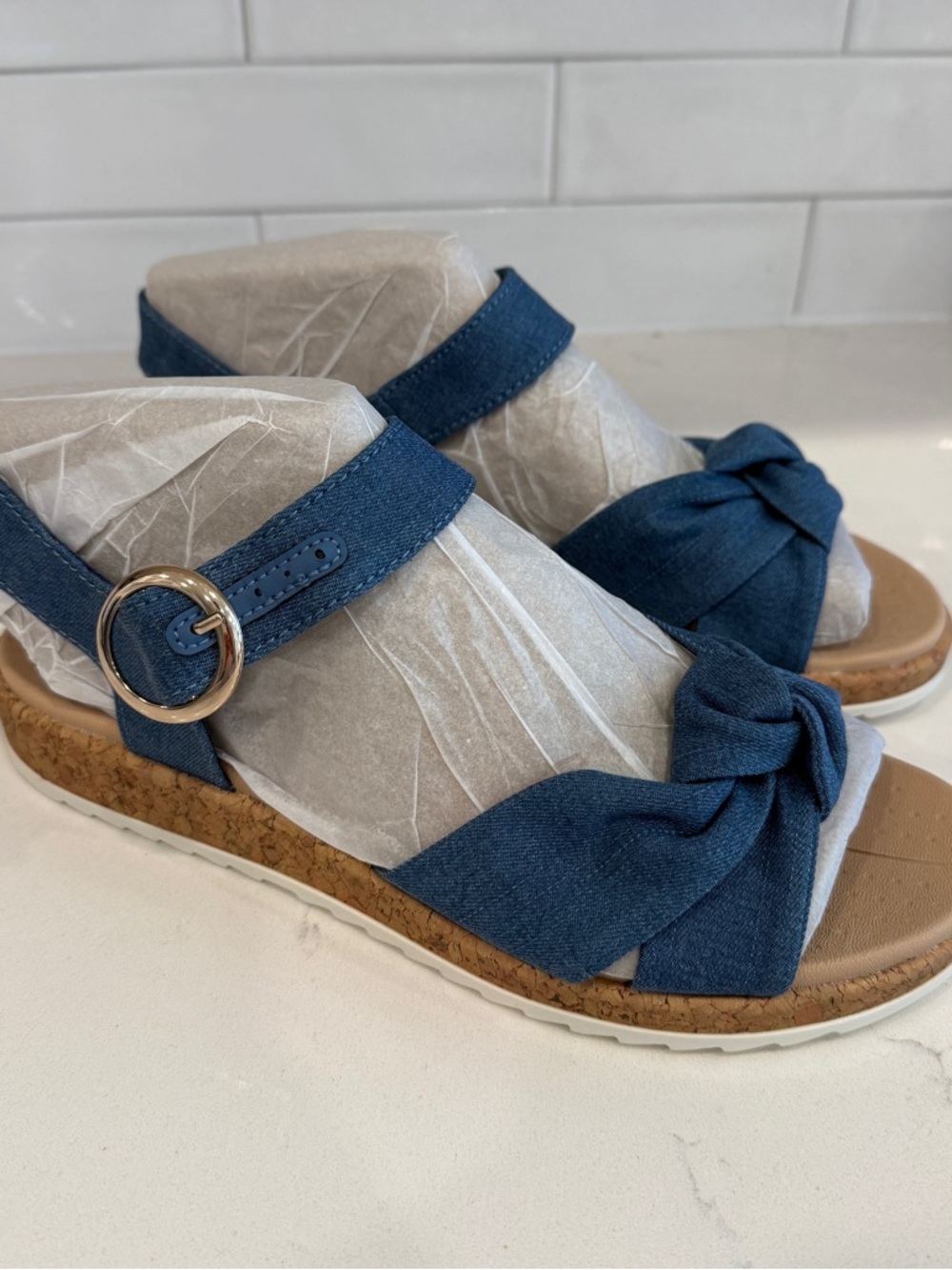 Alex Marie Denim Knot Cork Wedge Sandals - Blue Brand New size 8